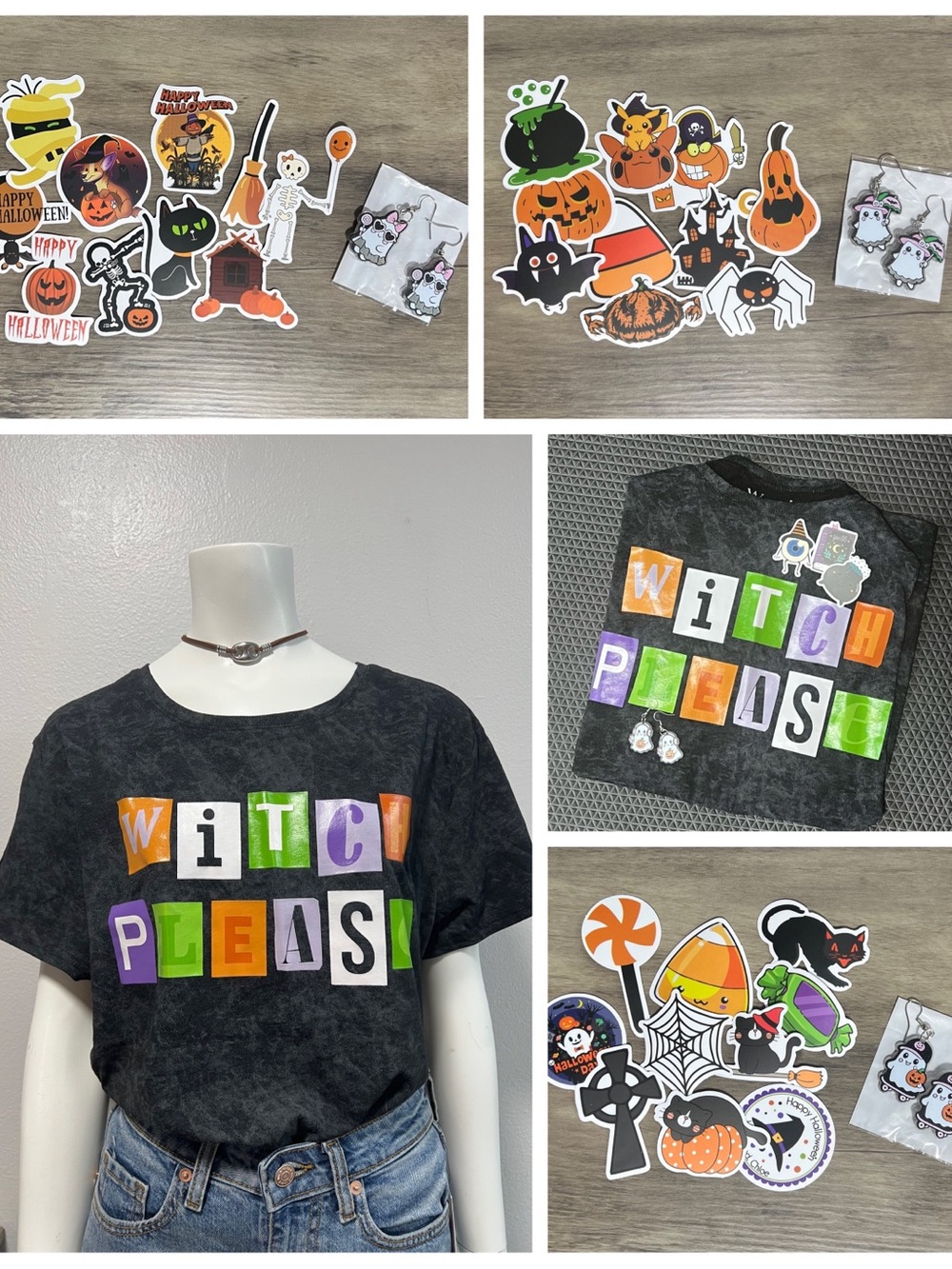 Halloween bundle: 30 waterproof stickers + 3 pairs of ghost earrings + tee